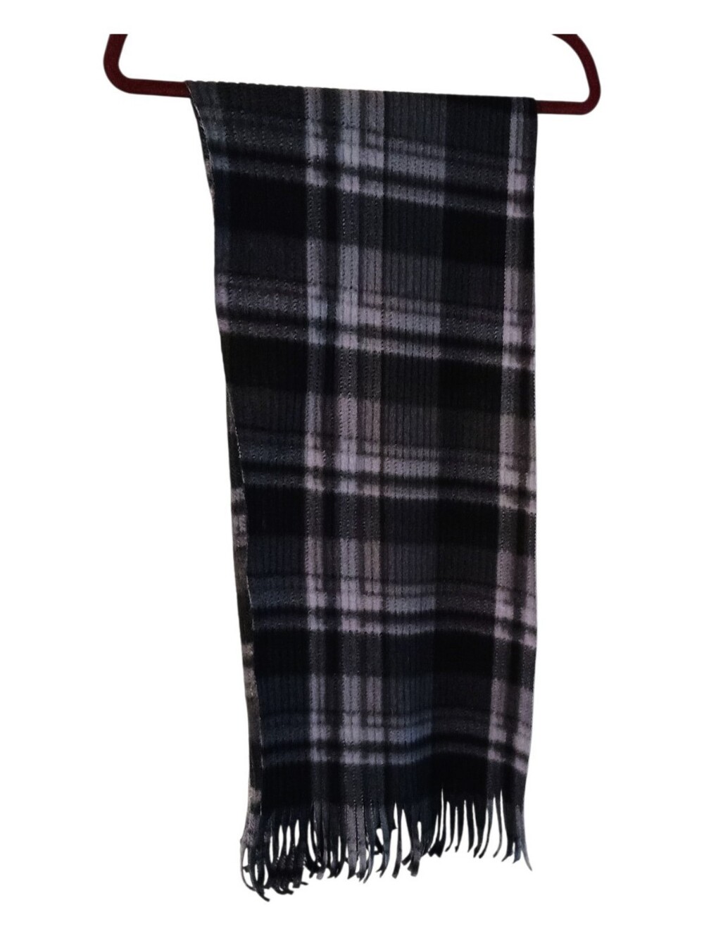 Ombre Plaid Flannel Scarf with Fringes, Black and Gray, Women's, Pre-owned